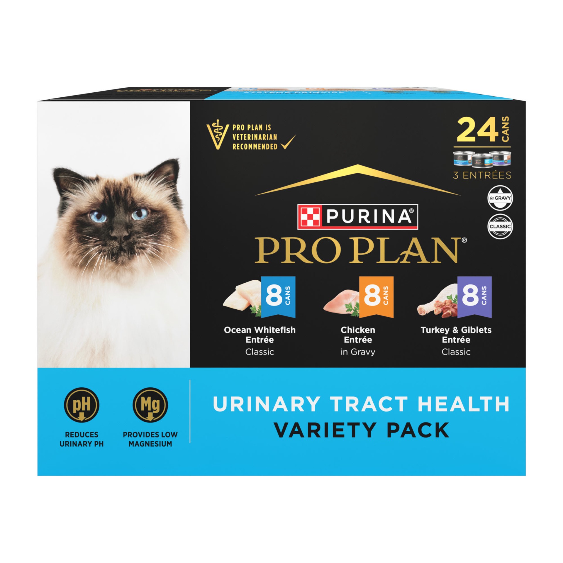 slide 1 of 8, Pro Plan Purina Pro Plan Urinary Cat Food Wet Variety Pack Urinary Tract Health Ocean Whitefish, Chicken, Turkey and Giblets, 4.5 lb