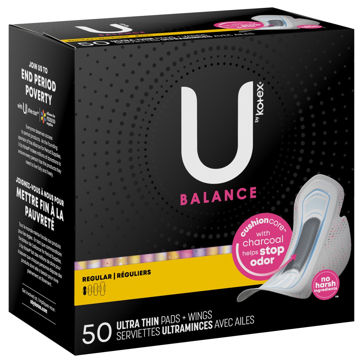 slide 2 of 9, U by Kotex Balance Ultra Thin Pads with Wings, Regular Absorbency, 50 Count, 50 ct