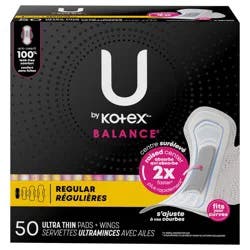 U by Kotex Balance Ultra Thin Pads with Wings, Regular Absorbency, 50 Count