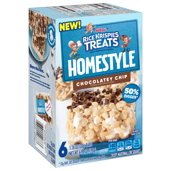 slide 1 of 6, Rice Krispies Treats Homestyle Crispy Marshmallow Squares, Kids Snacks, Cereal Bars, Chocolatey Chip, 6.98oz Box, 6 Bars, 6.98 oz
