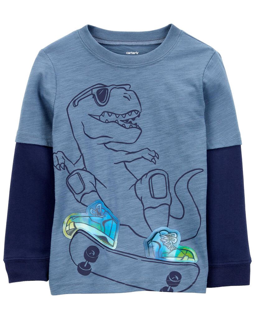 slide 2 of 3, Carter's Toddler Dinosaur Cotton Blend Long-Sleeve Tee - Blue Navy 5T, 1 ct