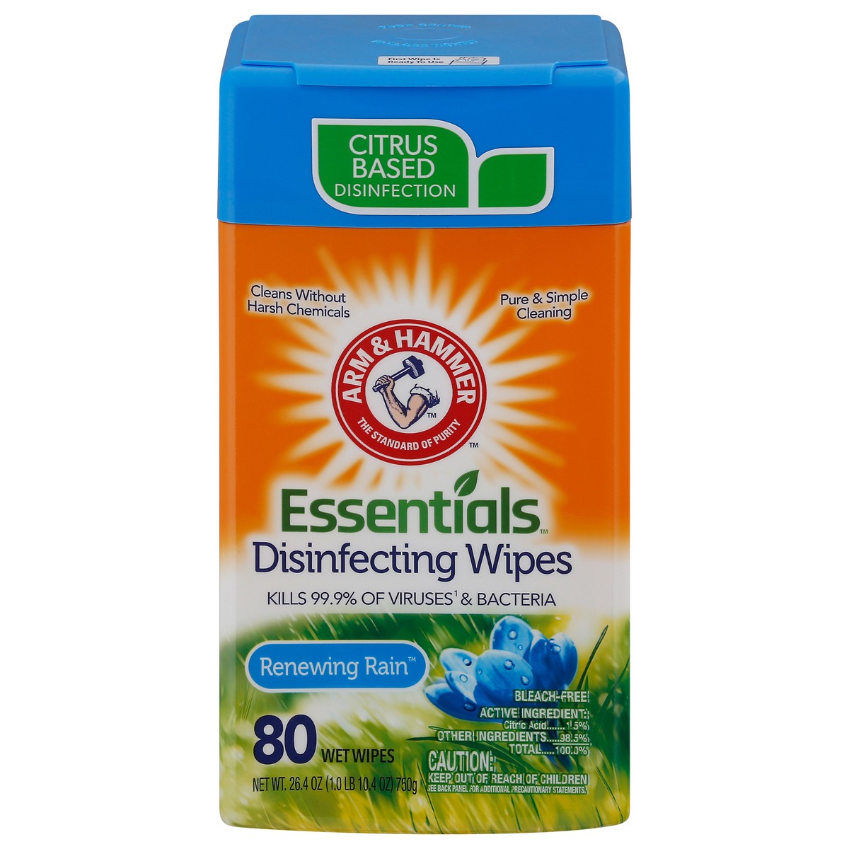 slide 1 of 12, ARM & HAMMER Arm & Ham Essentials Disinfecting Wipes Renewing Rain, 80 ct