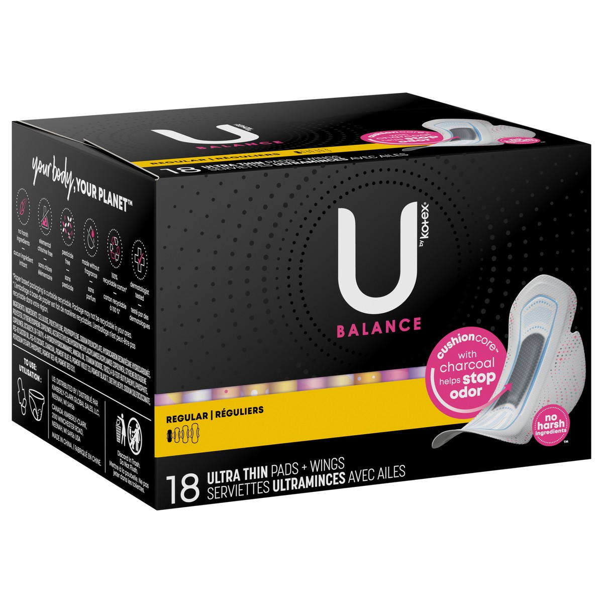 slide 8 of 10, U by Kotex Balance Ultra Thin Pads with Wings, Regular Absorbency, 18 Count, 18 ct