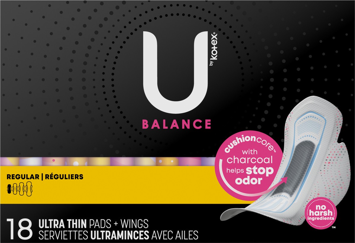slide 3 of 10, U by Kotex Balance Ultra Thin Pads with Wings, Regular Absorbency, 18 Count, 18 ct
