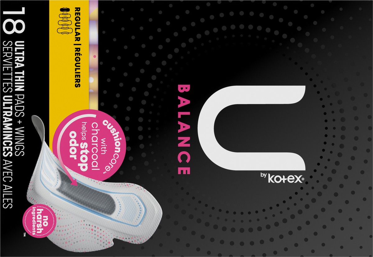 slide 10 of 10, U by Kotex Balance Ultra Thin Pads with Wings, Regular Absorbency, 18 Count, 18 ct