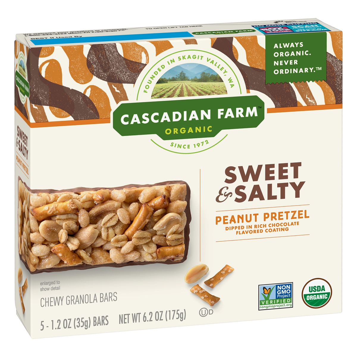 slide 2 of 10, Cascadian Farm Organic Sweet & Salty Peanut Pretzel Chewy Granola Bars, 5 ct; 1.2 oz