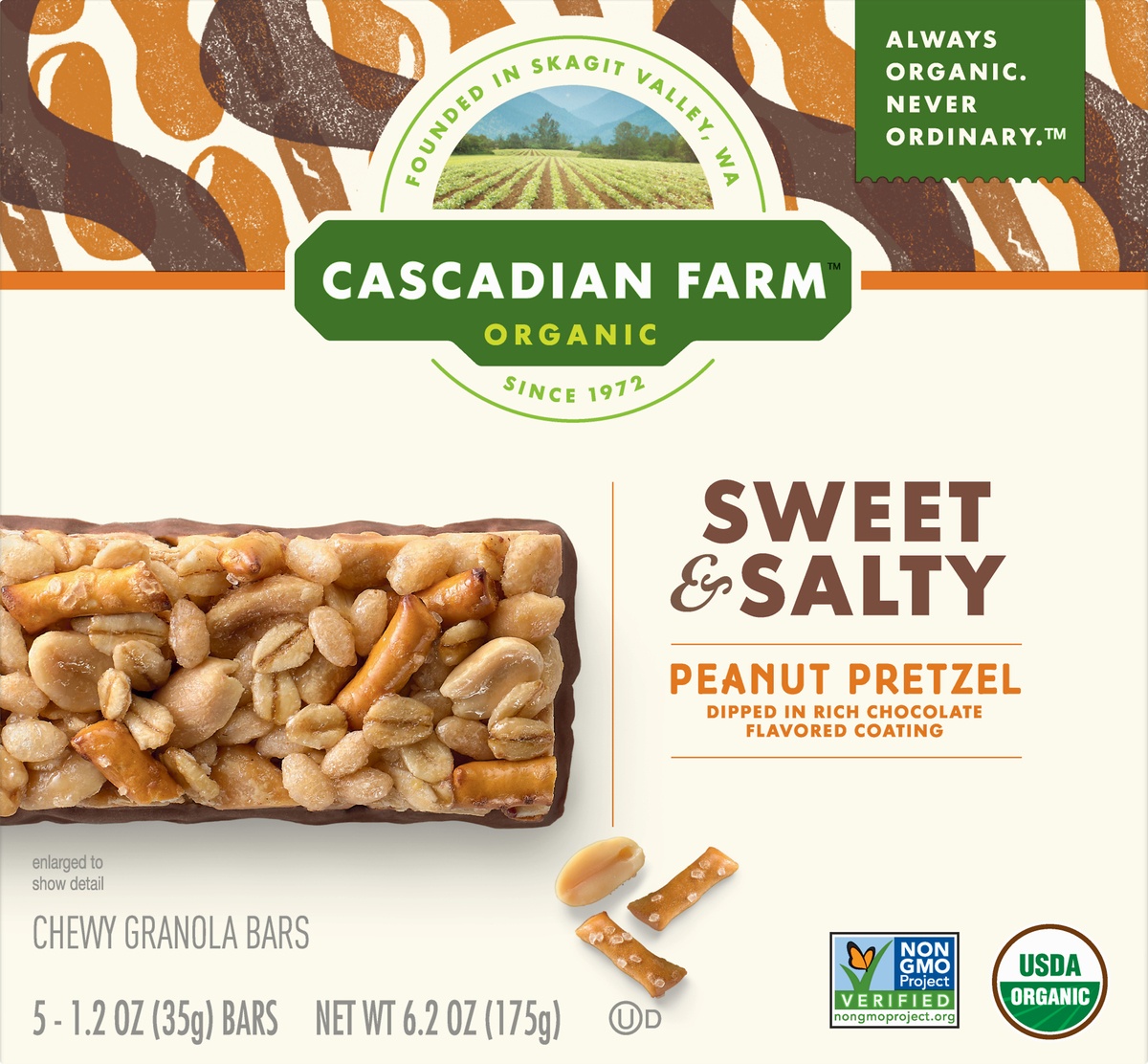 slide 9 of 10, Cascadian Farm Organic Sweet & Salty Peanut Pretzel Chewy Granola Bars, 5 ct; 1.2 oz