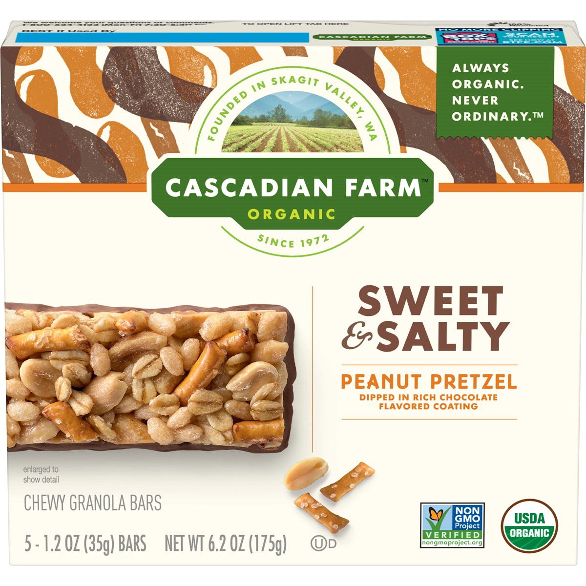 slide 1 of 10, Cascadian Farm Organic Sweet & Salty Peanut Pretzel Chewy Granola Bars, 5 ct; 1.2 oz