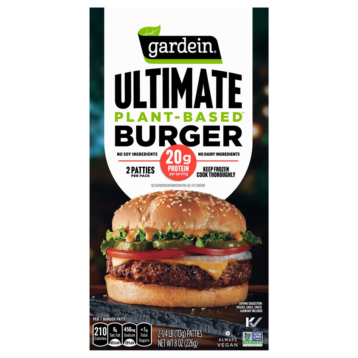 slide 1 of 9, Gardein Ultimate Plant-Based Burger, Vegan, Frozen Patties 8 oz, 2 ct