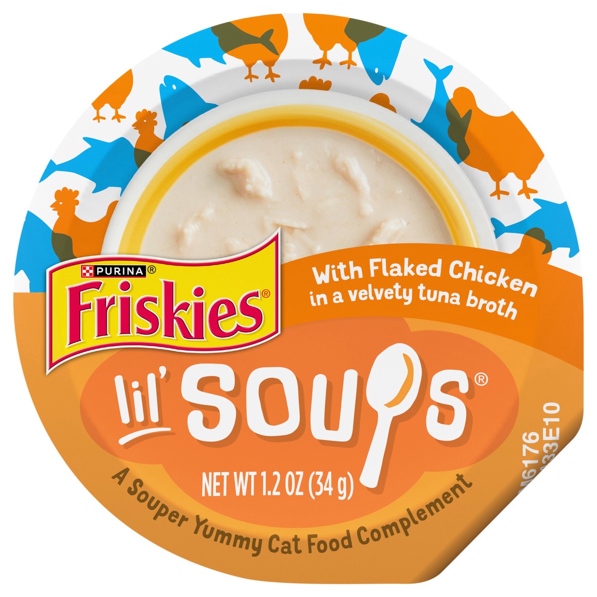 slide 1 of 1, Friskies Purina Friskies Natural, Grain Free Wet Cat Food Lickable Cat Treats, Lil' Soups Flaked Chicken - 1.2 oz. Tub, 1.2 oz