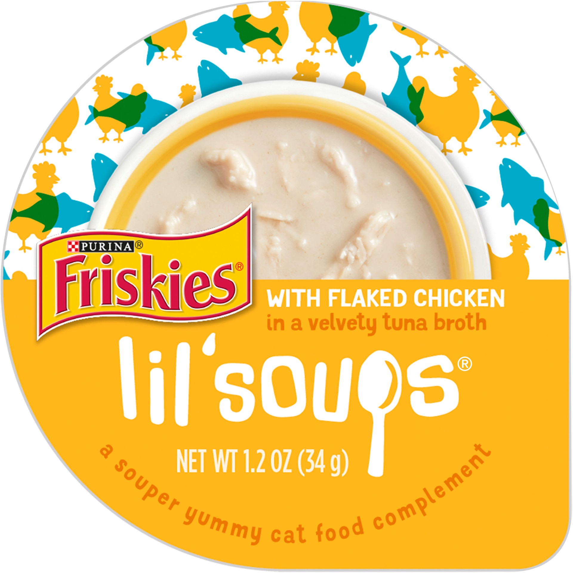 slide 1 of 9, Friskies Purina Friskies Natural, Grain Free Wet Cat Food Lickable Cat Treats, Lil' Soups Flaked Chicken, 1.2 oz