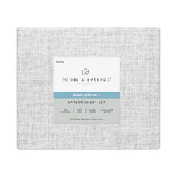 ROOM & RETREAT RR 400 Thread Counts Sheet Set, King, 4 pc set, Linen Print, Quiet Gray