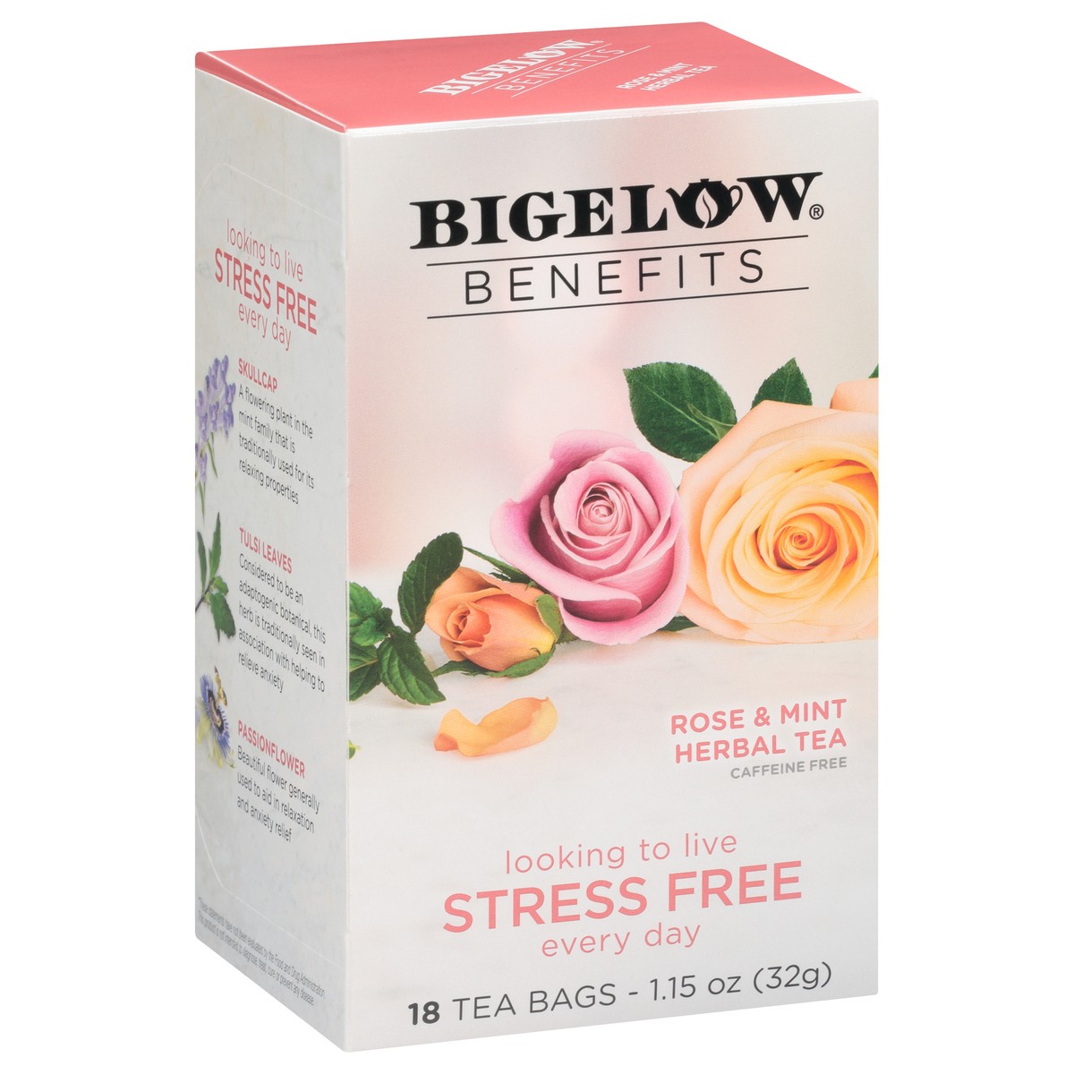 slide 3 of 9, Bigelow Benefits STRESS FREE Rose and Mint Caffeine Free Herbal Tea, Tea Bags, 18 Ct, 18 ct