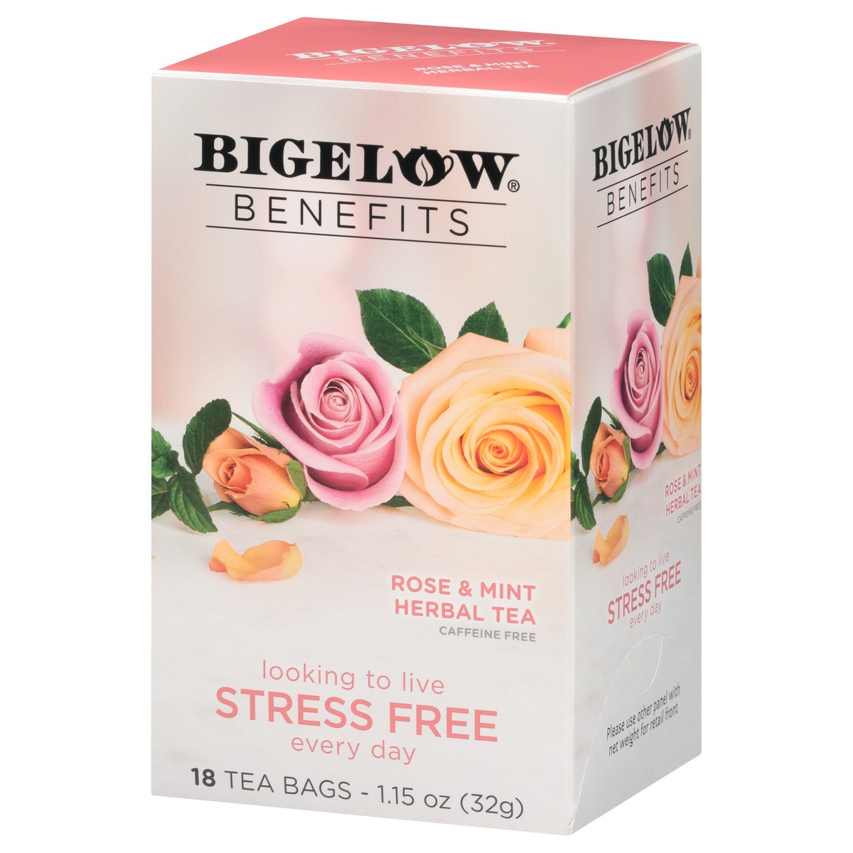 slide 8 of 9, Bigelow Benefits STRESS FREE Rose and Mint Caffeine Free Herbal Tea, Tea Bags, 18 Ct, 18 ct