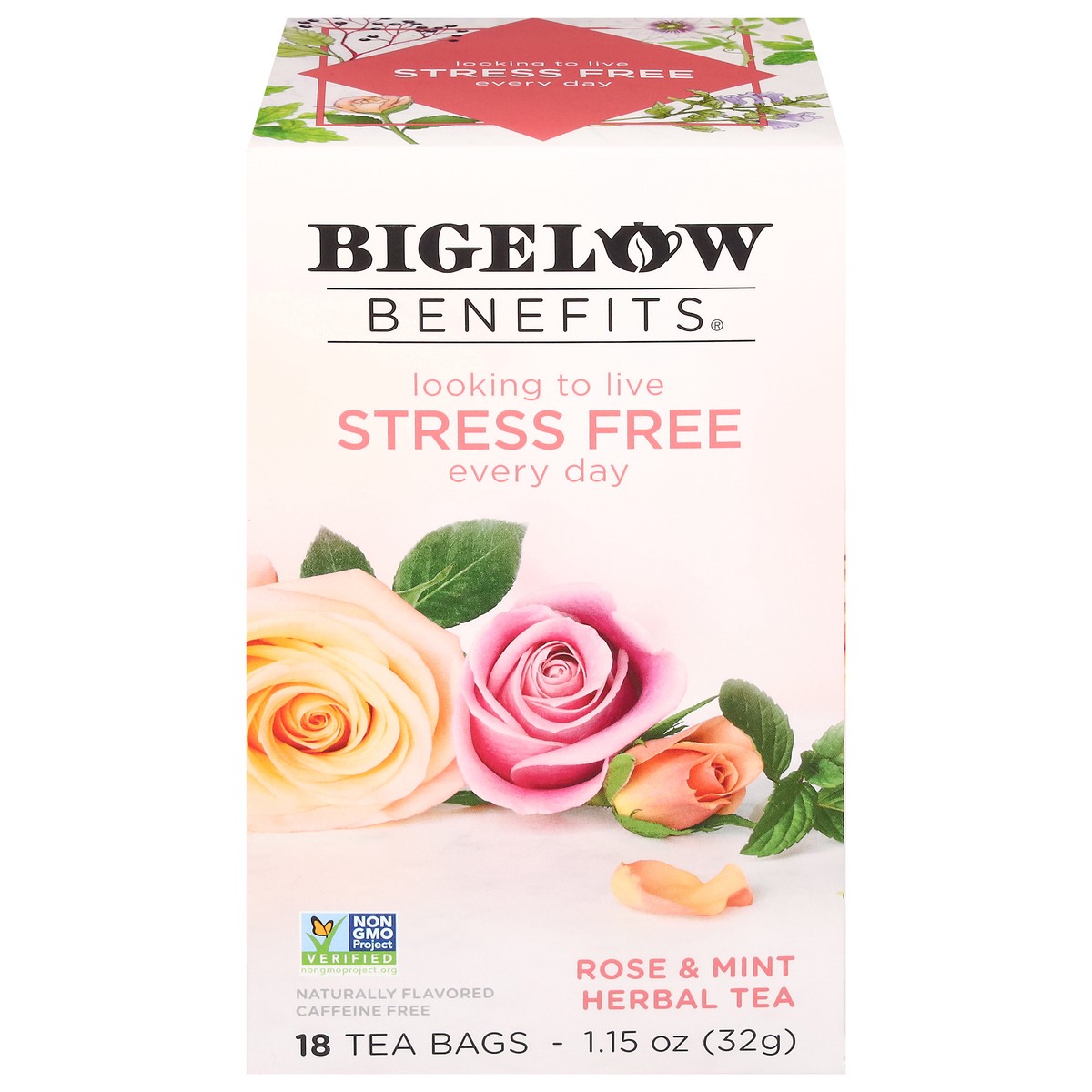 slide 1 of 9, Bigelow Benefits STRESS FREE Rose and Mint Caffeine Free Herbal Tea, Tea Bags, 18 Ct, 18 ct