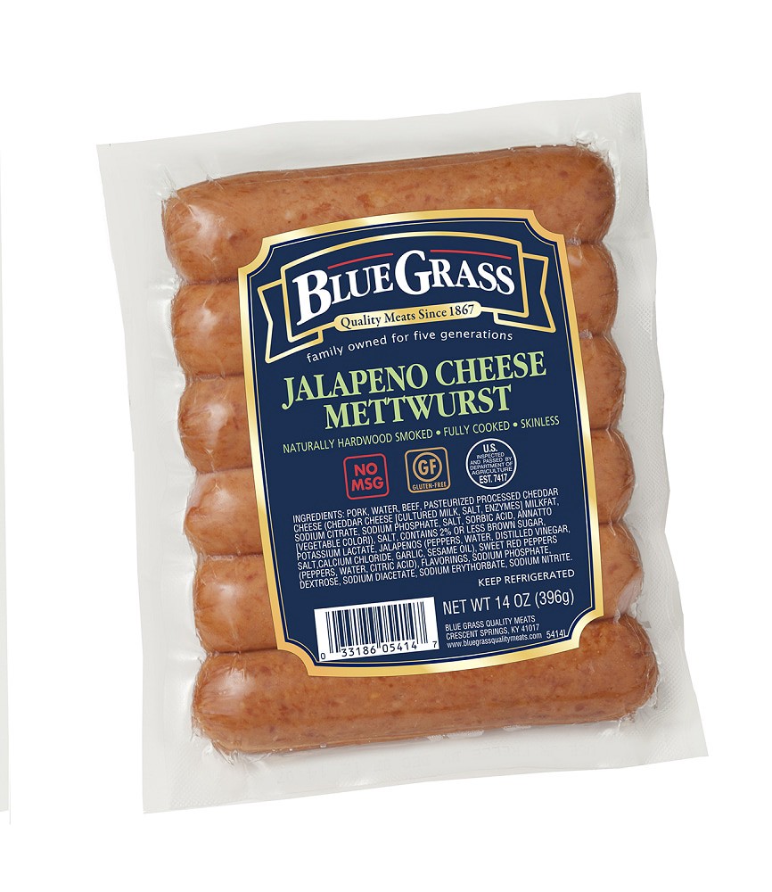 slide 1 of 2, Blue Grass Jalapeno Cheese Mettwurst, 14 oz