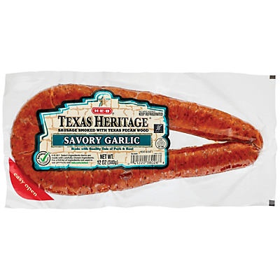 slide 1 of 1, H-E-B Texas Heritage Savory Garlic Sausage, 12 oz