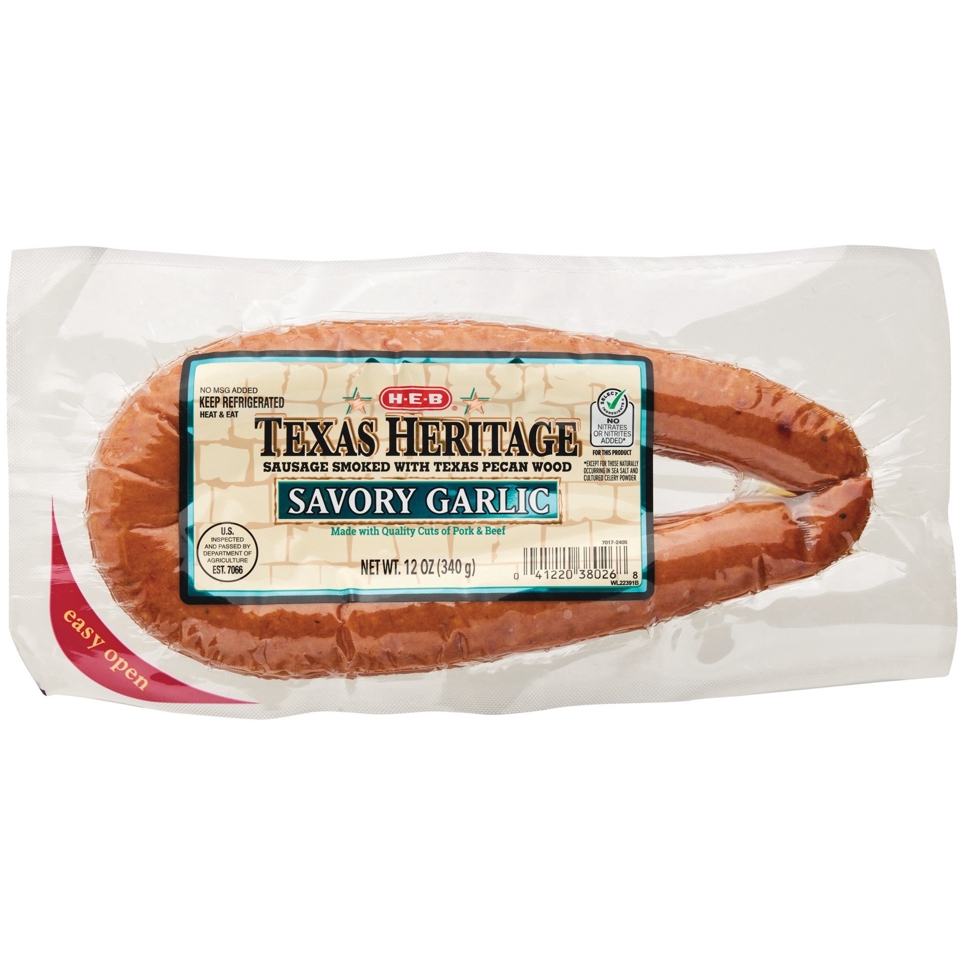 slide 1 of 1, H-E-B Texas Heritage Savory Garlic Sausage, 12 oz