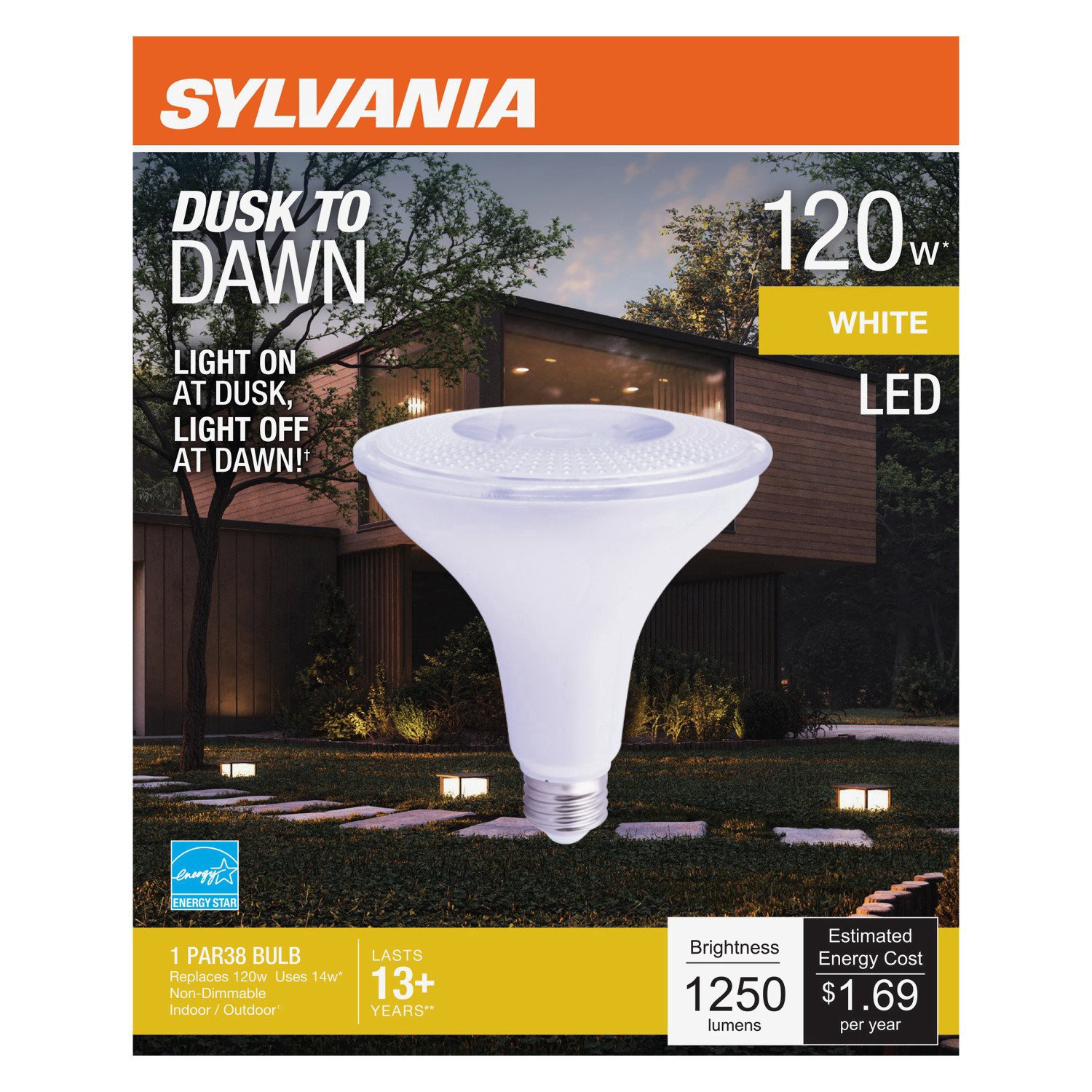 slide 1 of 1, Sylvania Dusk To Dawn 120-Watt PAR38 Soft White LED Flood Light, 1 ct
