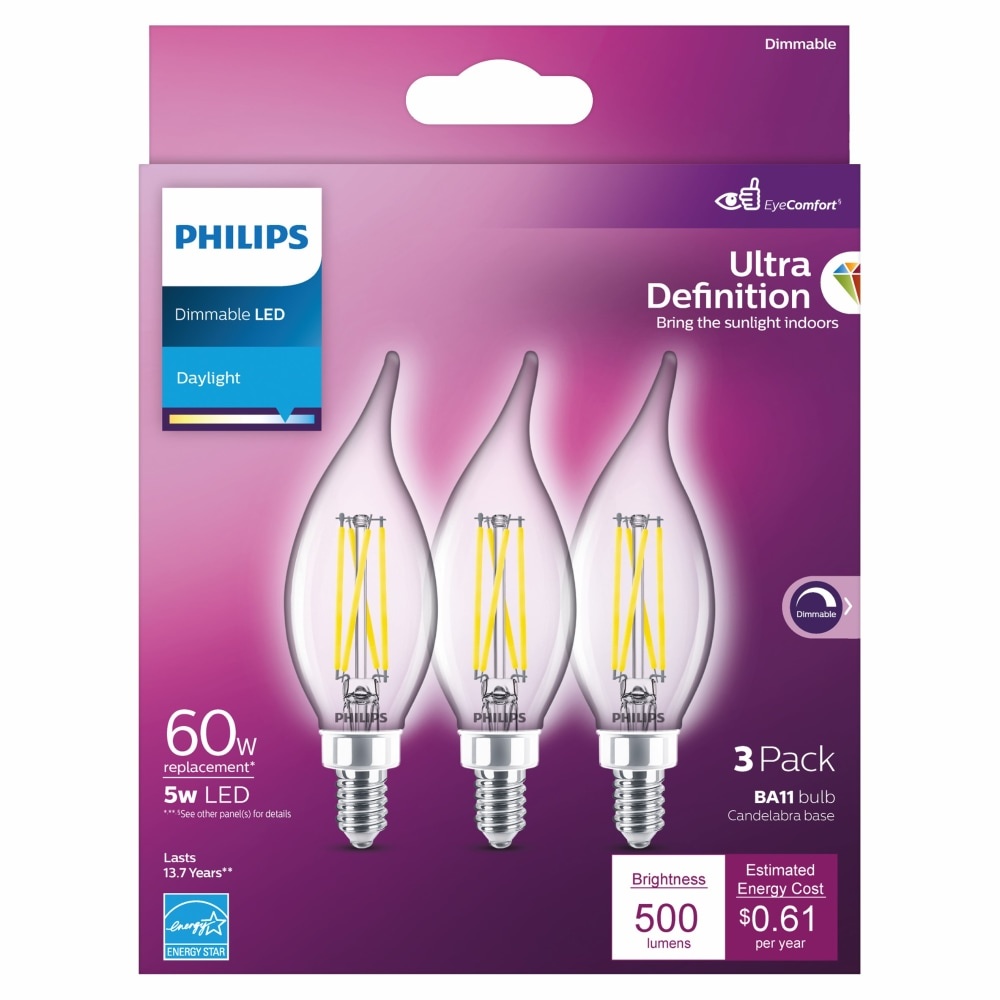 slide 1 of 2, Philips 5-Watt (60-Watt) Ba11 Candelabra Base Dimmable Led Light Bulbs, 3 ct