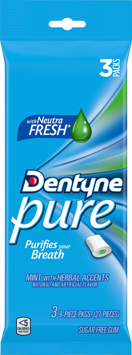 slide 8 of 9, Dentyne Pure Mint with Herbal Accents Sugar Free Gum, 3 Packs of 9 Pieces (27 Total Pieces), 0.12 lb