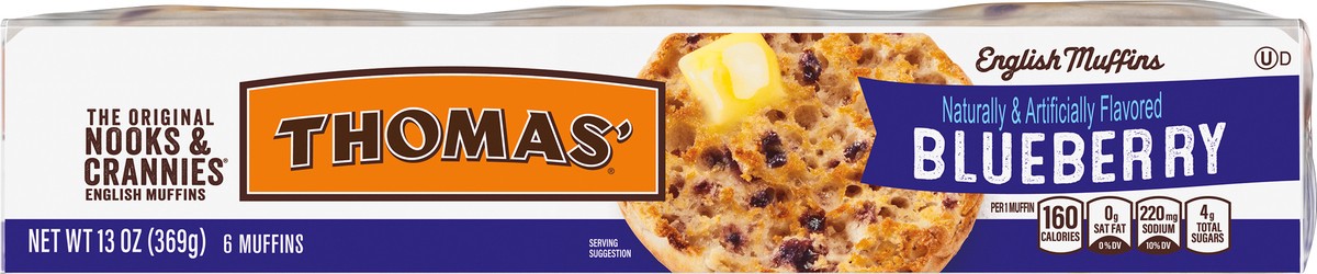 slide 2 of 11, Thomas' Nooks & Crannies Blueberry English Muffins, 6 count, 13 oz, 6 ct