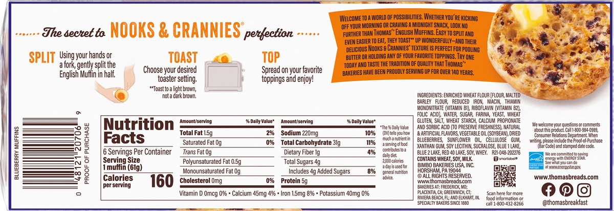 slide 5 of 11, Thomas' Nooks & Crannies Blueberry English Muffins, 6 count, 13 oz, 6 ct