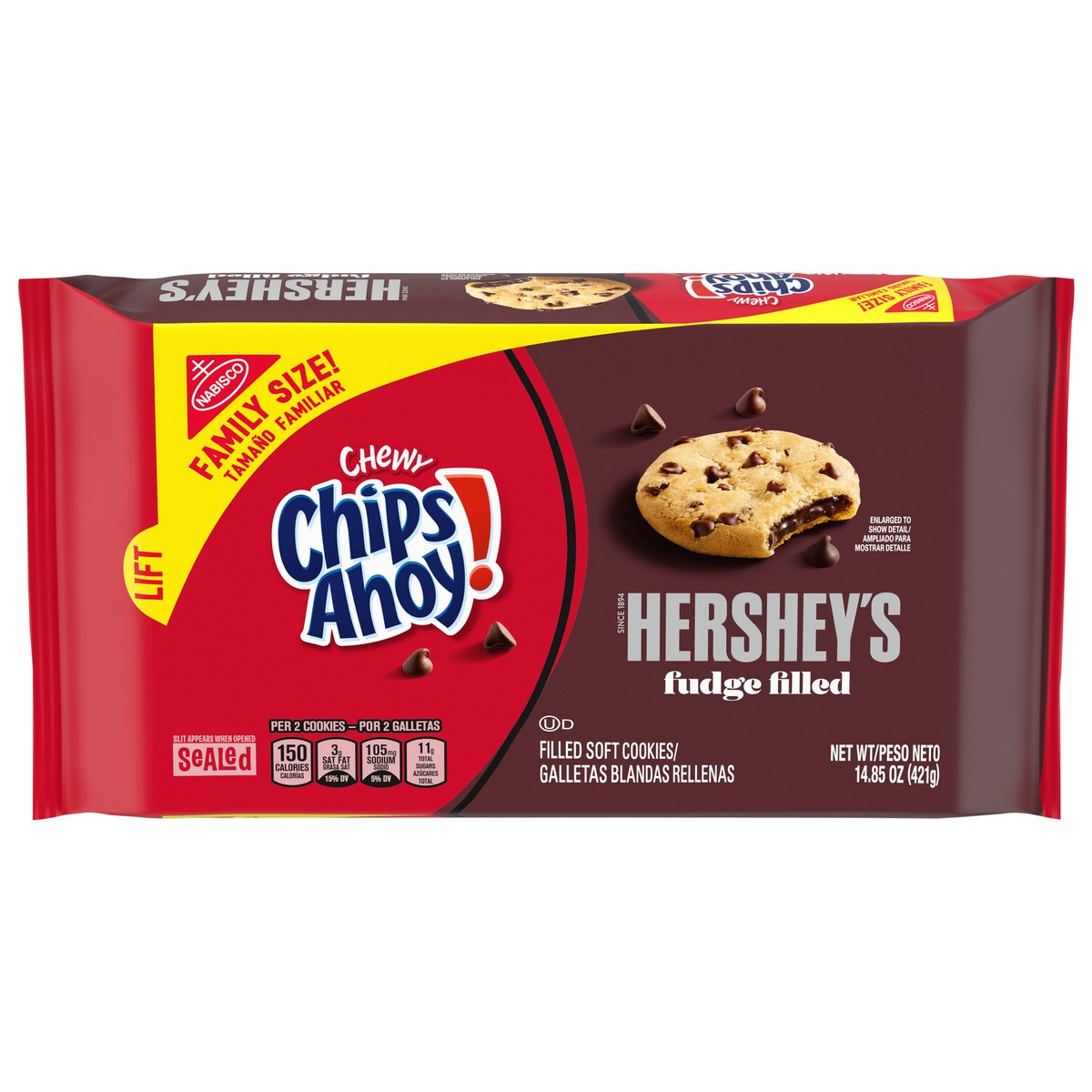 slide 1 of 9, CHIPS AHOY! Chewy Hershey's Fudge Filled Soft Cookies, Family Size, 14.85 oz, 14.85 oz