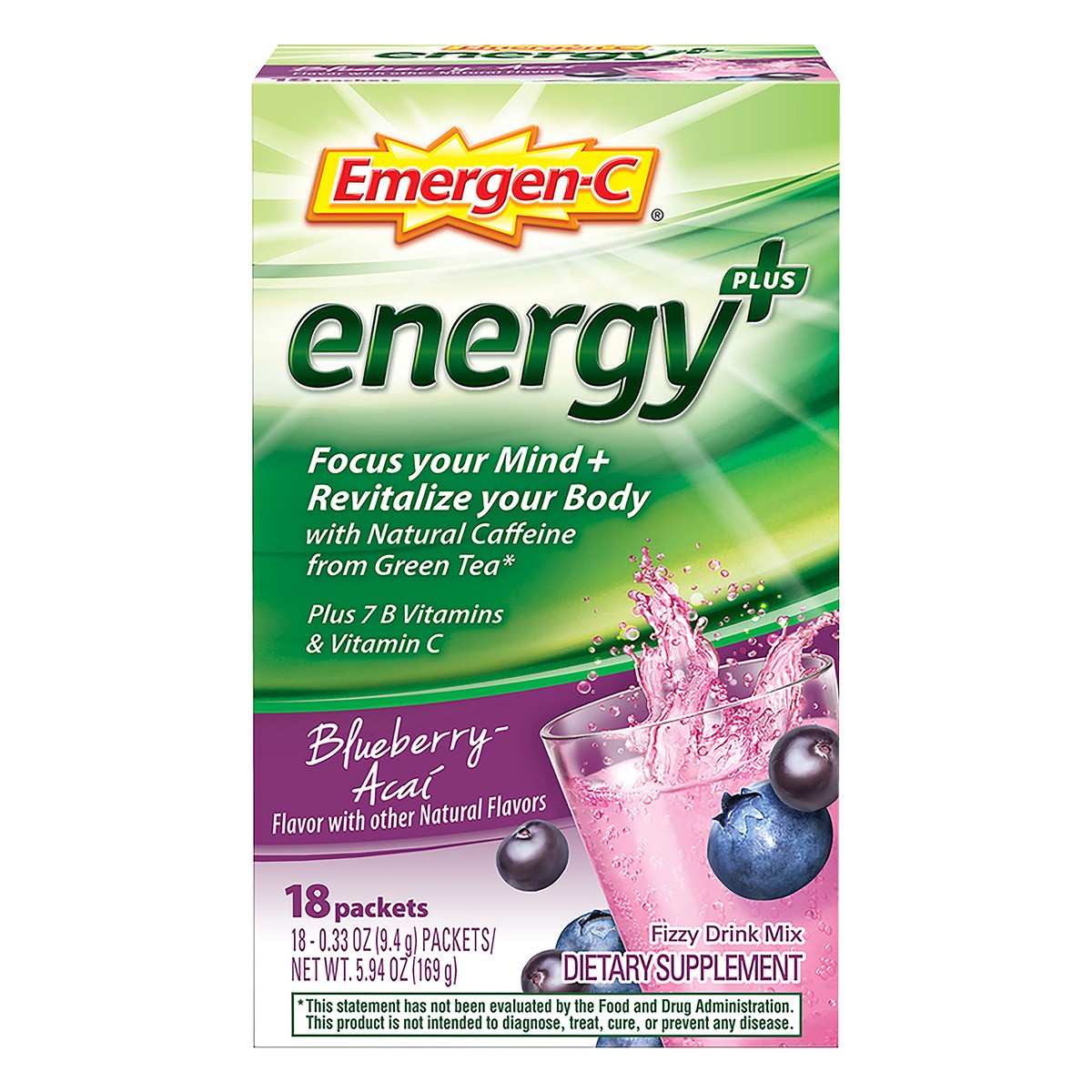 slide 1 of 7, Emergen-C Energy Plus Blueberry-Acai Fizzy Drink Mix 18 ea, 18 ct