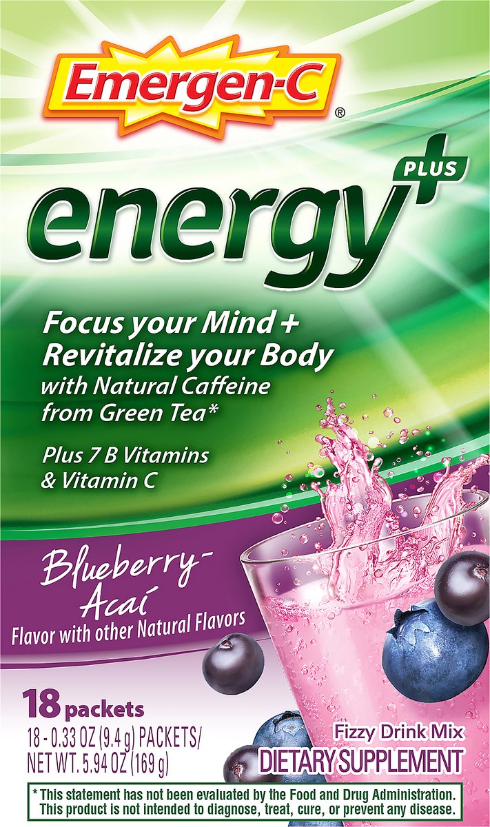 slide 4 of 7, Emergen-C Energy Plus Blueberry-Acai Fizzy Drink Mix 18 ea, 18 ct