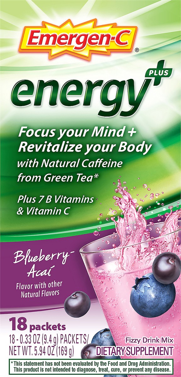 slide 5 of 7, Emergen-C Energy Plus Blueberry-Acai Fizzy Drink Mix 18 ea, 18 ct