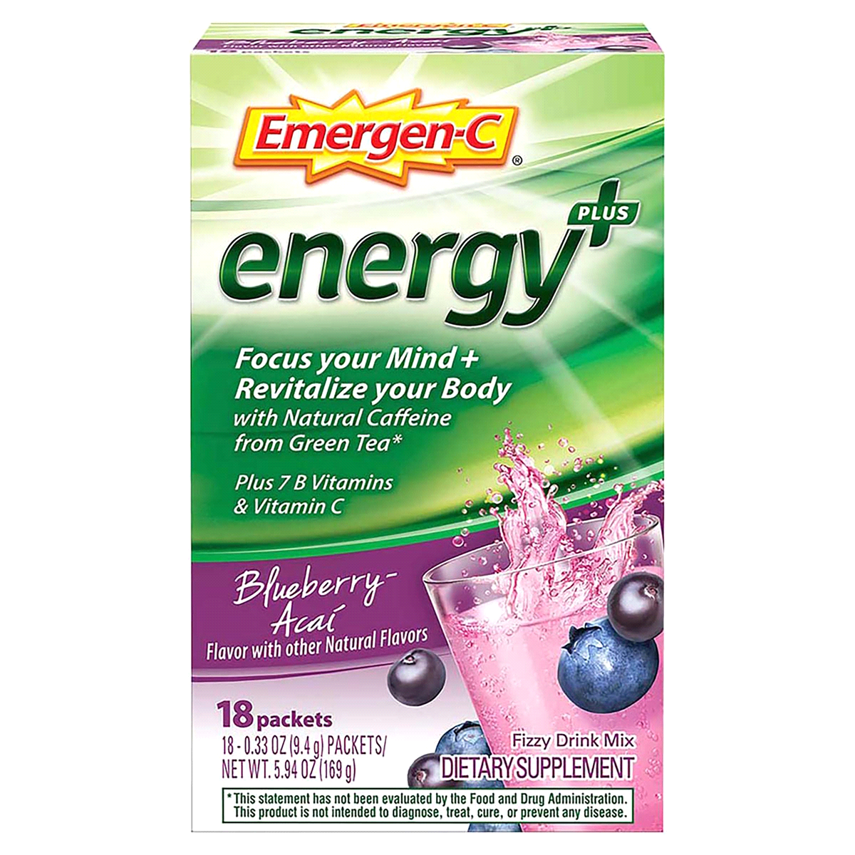 slide 1 of 7, Emergen-C Energy Dietary Supplement Drink Mix - Blueberry Acai, 18 ct