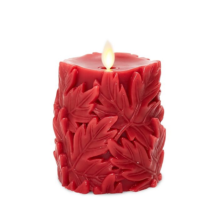 slide 1 of 1, Luminara Carved Leaf Harvest LED Pillar Candle - Red, 4 in