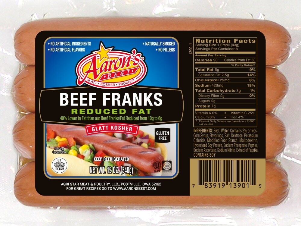 slide 1 of 1, Aaron's Best Reduced Fat Beef Hot Dogs, 12 oz