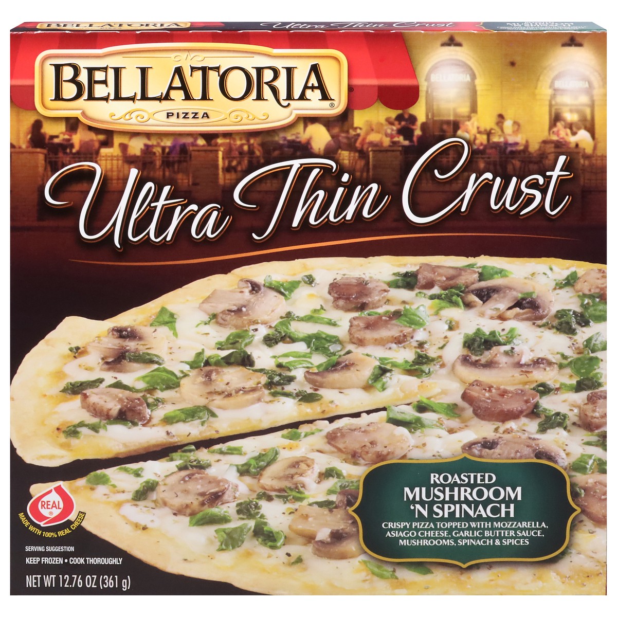 slide 1 of 9, Bellatoria Ultra Thin Crust Roasted Mushroom 'N Spinach Pizza 12.76 oz, 12.76 oz