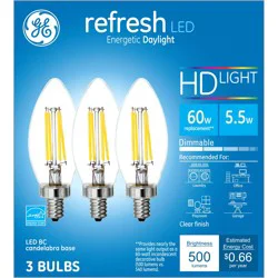 GE Refresh HD LED 60W EQ Clear Decorative Candelabra Base Blunt Tip Dimmable Light Bulb 3-Pack