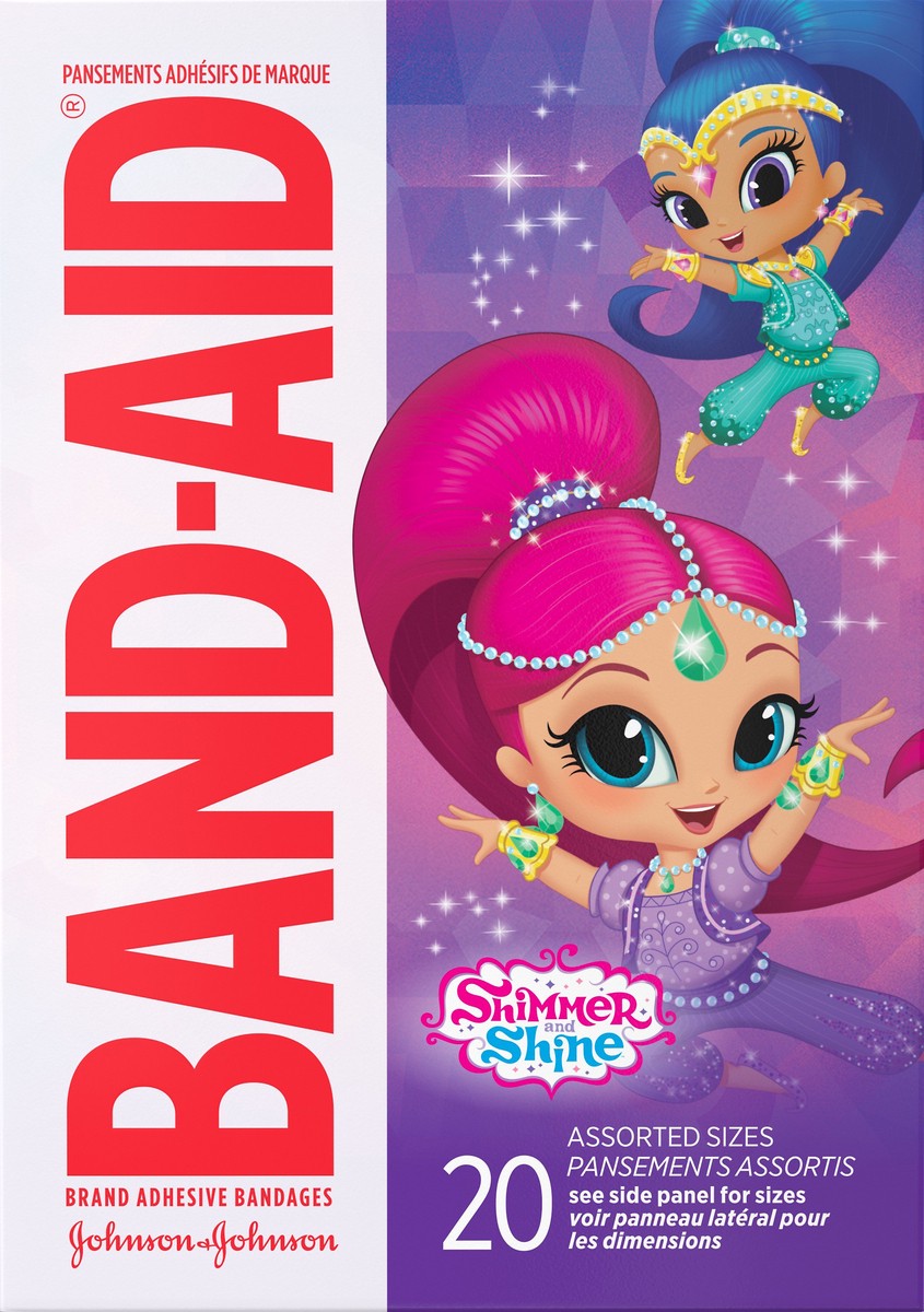 slide 3 of 7, BAND-AID Adhesive Bandages for Minor Cuts and Scrapes, Featuring Nickelodeon Shimmer and Shine Characters for Kids, Assorted Sizes 20 ct, 20 ct