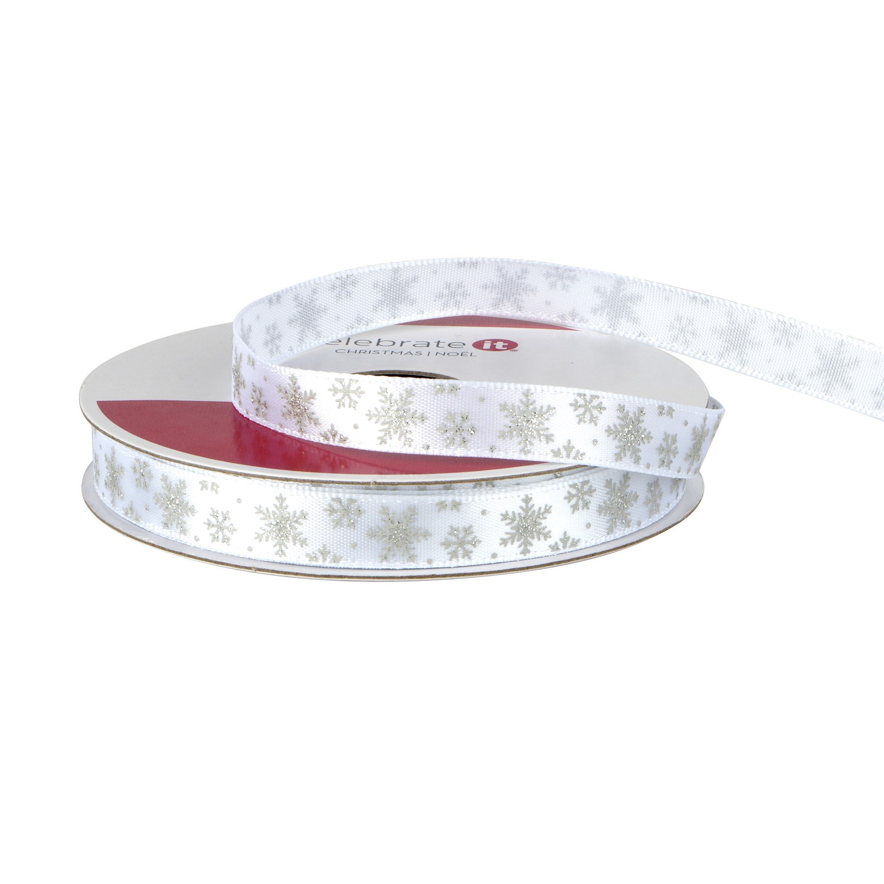 slide 2 of 3, 3/8" X 12ft. Silver Snowflake On White Ribbon By Celebrate It Christmas, 3/8 in x 12 ft