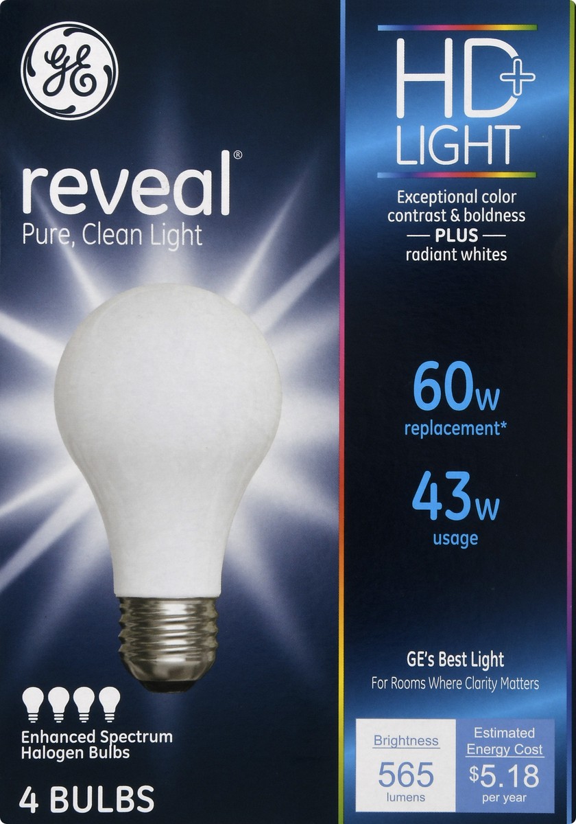 slide 6 of 9, Ge Reveal 43Watt 60Watt Enhanced Spectrum Halogen Light Bulbs, 4 ct