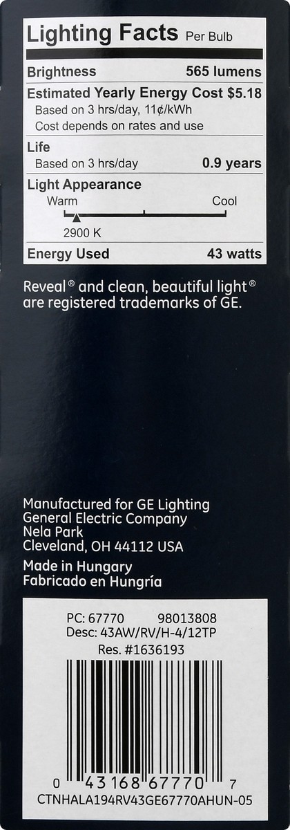 slide 8 of 9, Ge Reveal 43Watt 60Watt Enhanced Spectrum Halogen Light Bulbs, 4 ct