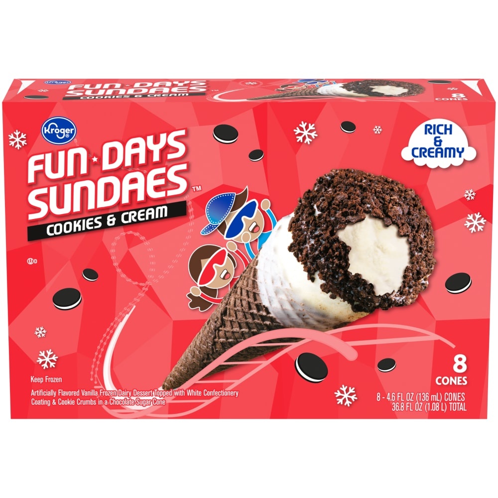 slide 1 of 1, Kroger Fun Days Sundaes Cookies & Cream Cones 8 Count, 36.8 fl oz