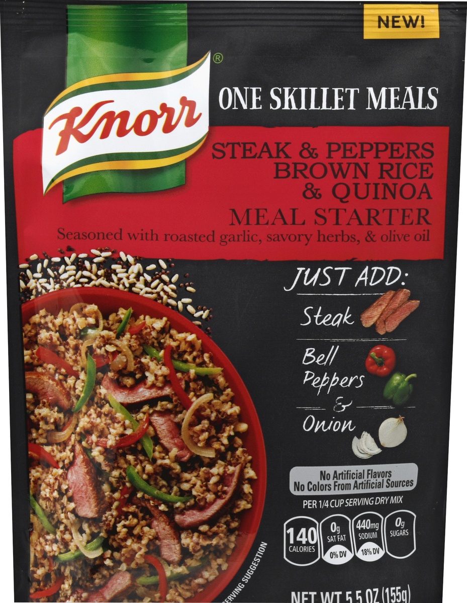 slide 5 of 6, Knorr One Skillet Meals Meal Starter Steak & Peppers Brown Rice & Quinoa, 5.5 oz