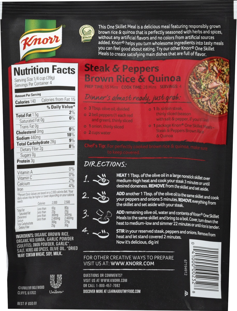 slide 6 of 6, Knorr One Skillet Meals Meal Starter Steak & Peppers Brown Rice & Quinoa, 5.5 oz