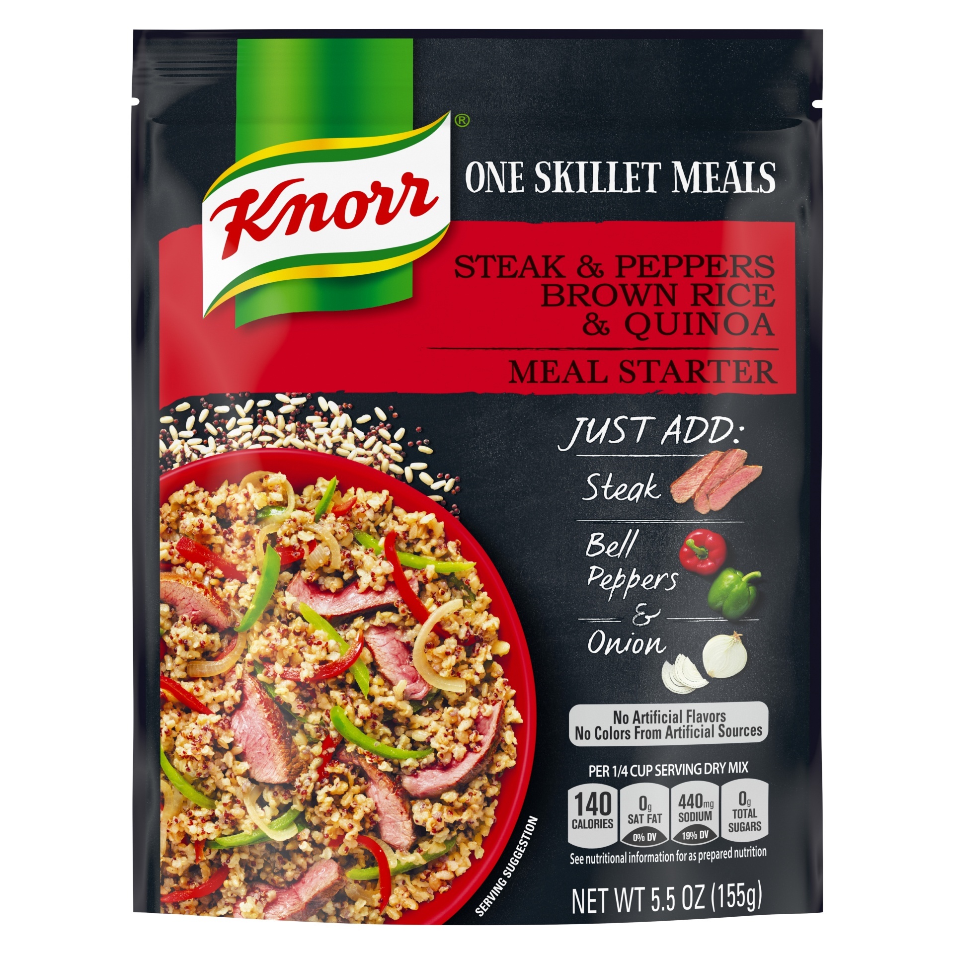 slide 1 of 6, Knorr One Skillet Meals Meal Starter Steak & Peppers Brown Rice & Quinoa, 5.5 oz