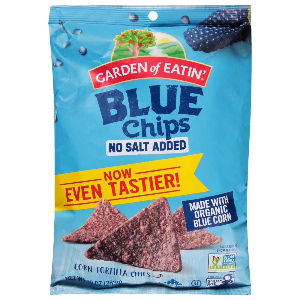 slide 1 of 13, Garden of Eatin' No Salt Added Blue Corn Tortilla Chips, 10 oz