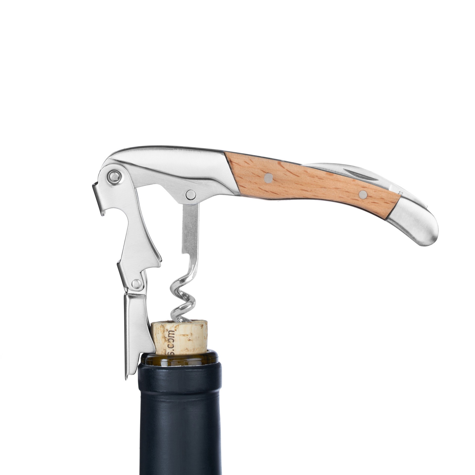 slide 5 of 5, True Timber Double Hinged Waiter's Corkscrew, Wood Handle Stainless Steel Wine Key with Foil Cutter, 1 cnt