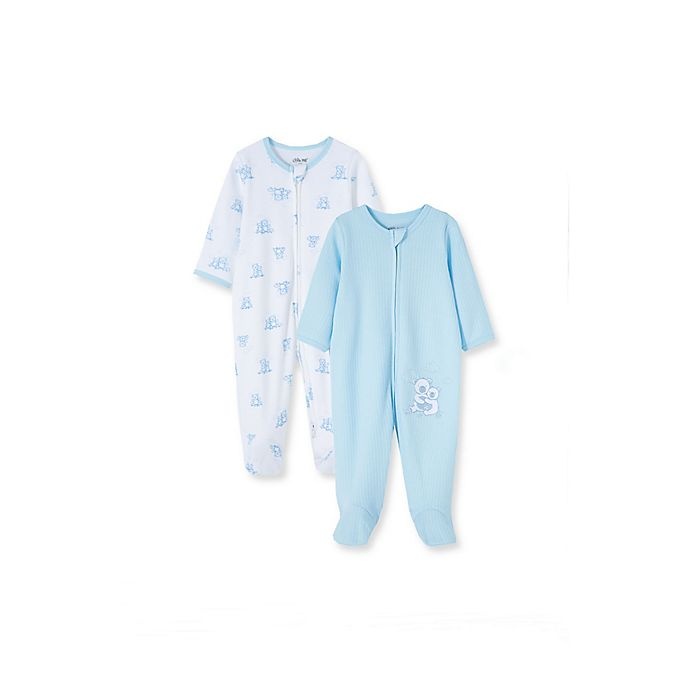 slide 1 of 4, Little Me Newborn Bear Ribbed Organic Cotton Footies - Blue, 2 ct