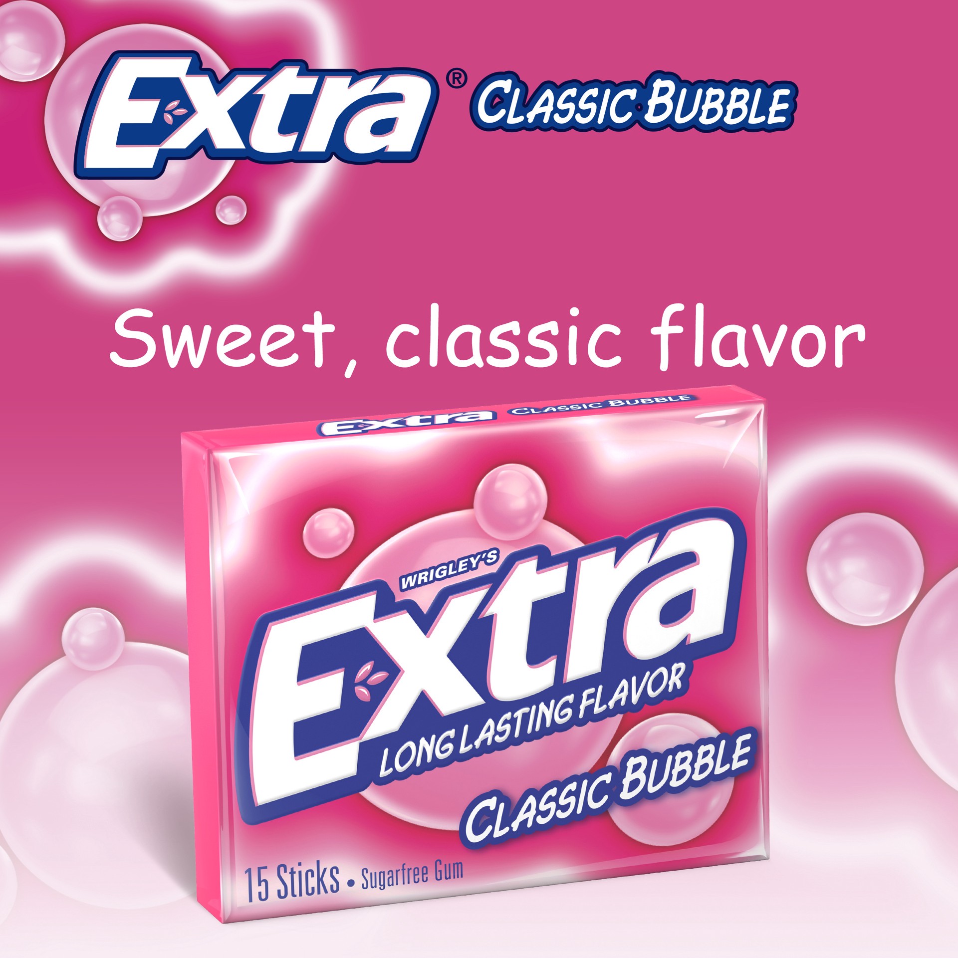 slide 2 of 5, EXTRA Gum Classic Bubble Gum Sugar Free Chewing Gum, Single Pack, 15 Stick, 15 ct