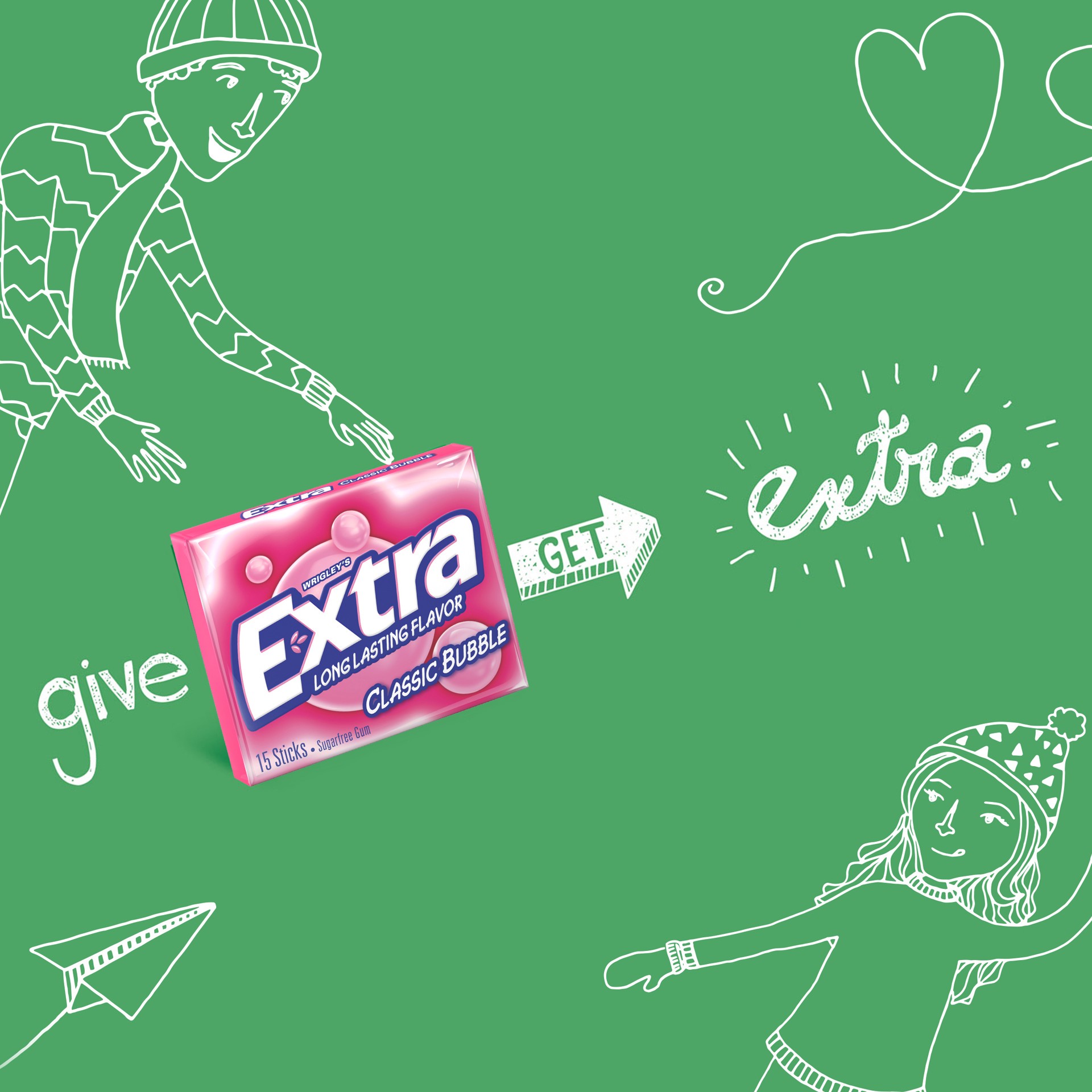 slide 3 of 5, EXTRA Gum Classic Bubble Gum Sugar Free Chewing Gum, Single Pack, 15 Stick, 15 ct