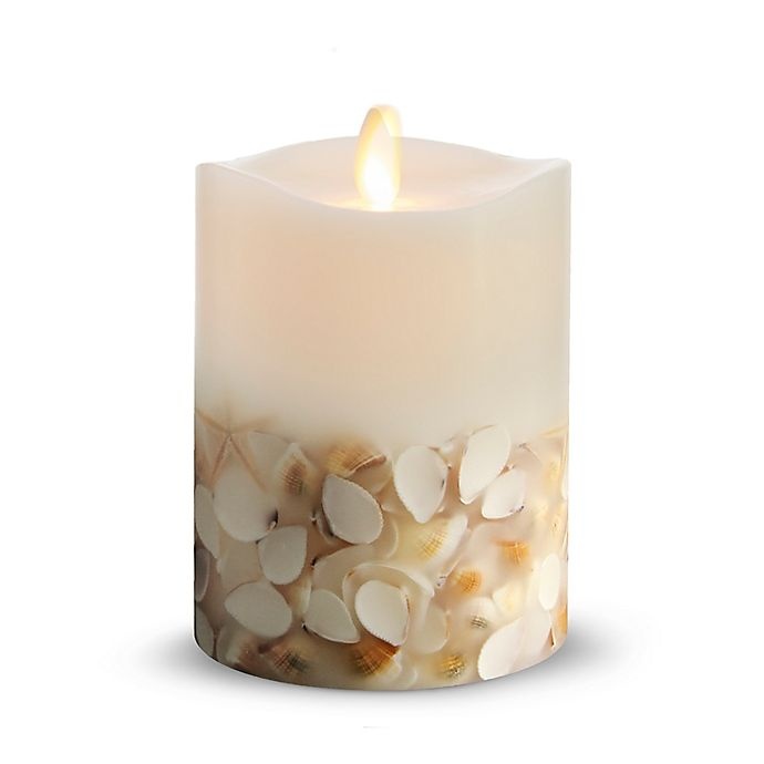 slide 1 of 1, Luminara Seashell Real-Flame Effect Pillar Candle - White, 4 in